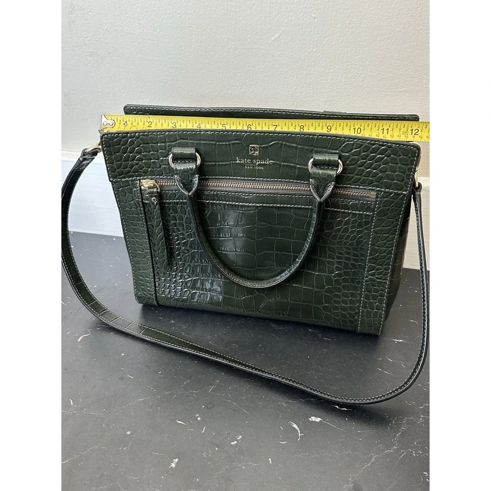 Kate‎ Spade NY Crocodile Embossed Leather Shoulder Satchel Handbag Dark Green